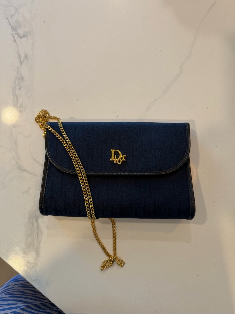 Dior Navy Logo Chain Shoulder Bag with Gold Hardware